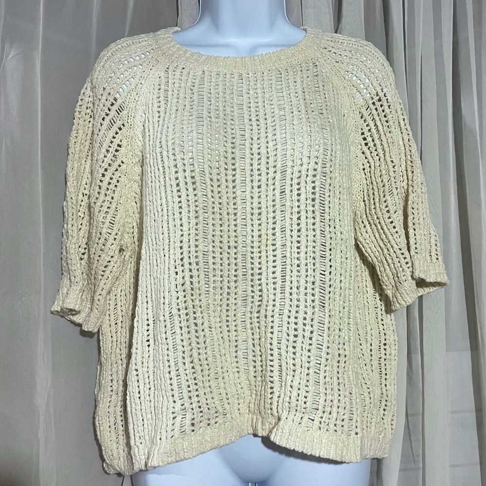Eileen Fisher Cream Open Knit Pullover Organic Cotton Pullover Sweater Sze Large